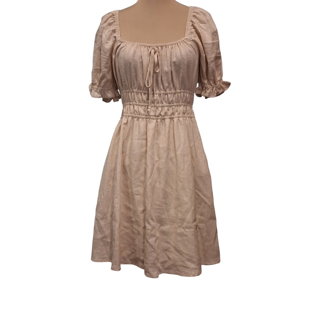 Copper Key Women Linen Blend Milk Maid Smocked Puff Sleeve Mini Dress Small NWT